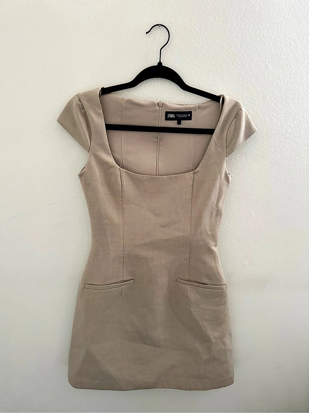 Zara Fitted Short Dress Mini Dress Square Neck Beige XS